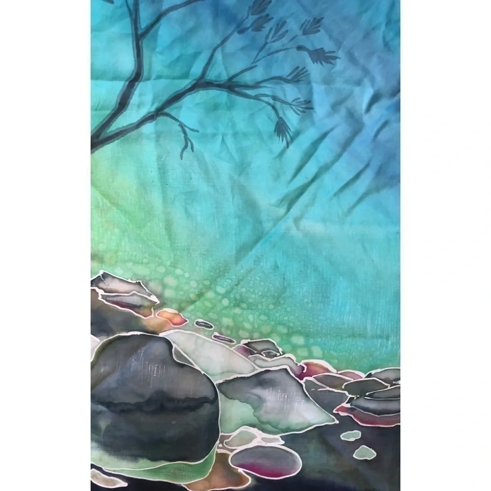 VTG Vintage Trees By The Brook Moonlight Watercolors Silk Square Scarf 35X33”